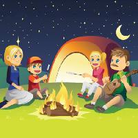 Pixwords Bilden med barn, sjunga, gitarr, avfyra, moon, sky, tält, kvinna Artisticco Llc - Dreamstime