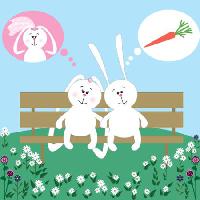 Pixwords Bilden med kaniner, morot, äktenskap, bänk, dröm, brud Ajjjgul - Dreamstime