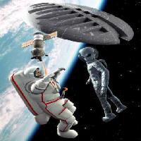 Pixwords Bilden med utrymme, främling, astronaut, satellit, rymdskepp, jord, kosmos Luca Oleastri - Dreamstime