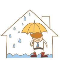 Pixwords Bilden med vatten, läckage, man, paraply, regn, hus Falara - Dreamstime