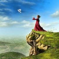 Pixwords Bilden med fågel, kvinna, klippa, grön himmel, fluga Andreus - Dreamstime