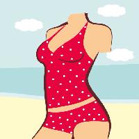 Pixwords Bilden med kvinna, kropp, rött, kostym, bad, strand, vatten, moln, kläder Anvtim