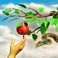 Pixwords Bilden med äpple, orm, gren, grön, blad, hand Andreus - Dreamstime