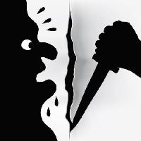 Pixwords Bilden med mördare, kniv, ärrad, svart, hand, skarp, svett Robodread - Dreamstime